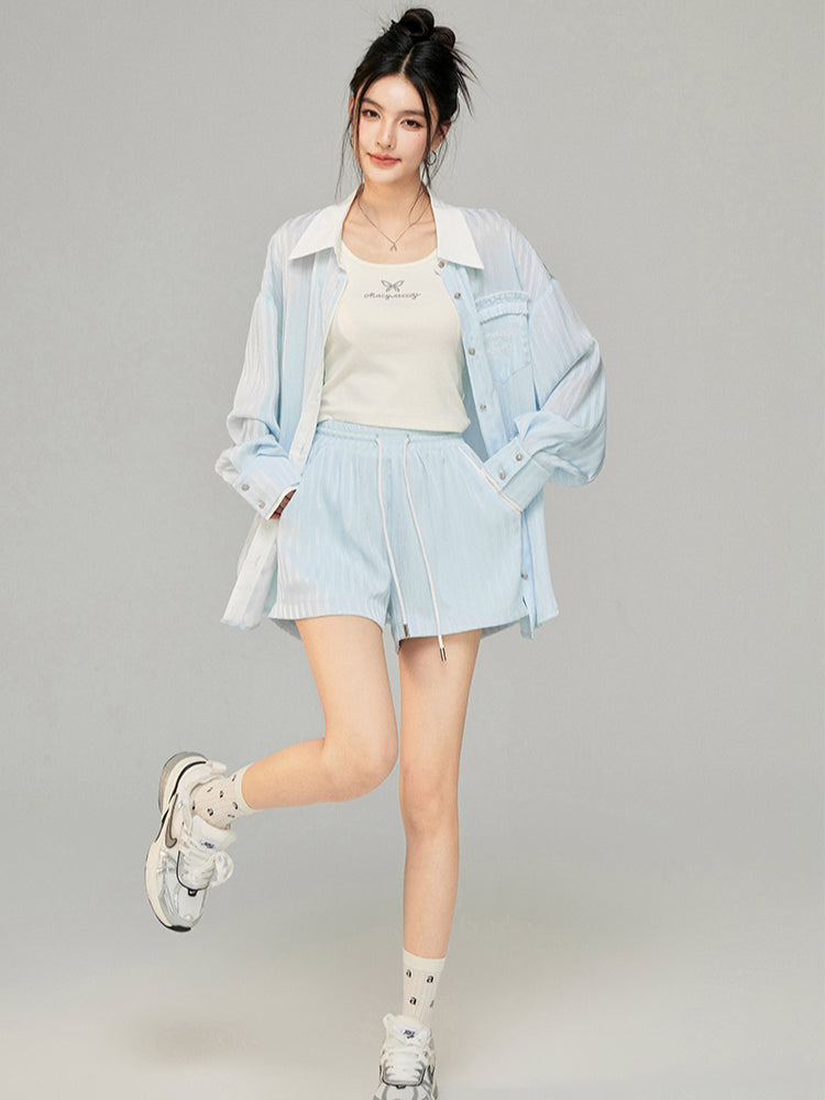Color-block Shiny Silk Shirt & Shorts Set