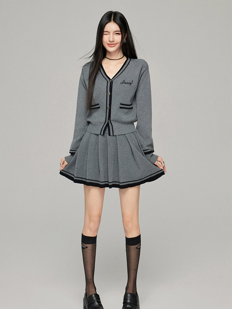 Contrast Color Knit V-neck Cardigan Set - CHINASQUAD