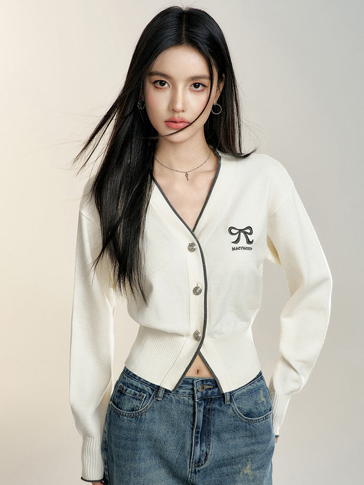 White V-neck Cropped Cardigan - CHINASQUAD