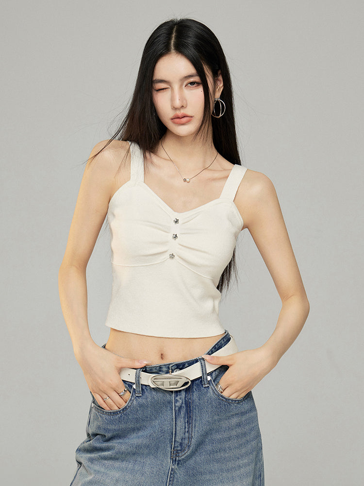Star Print Slimming Wide Shoulder Strap Knit Vest - CHINASQUAD