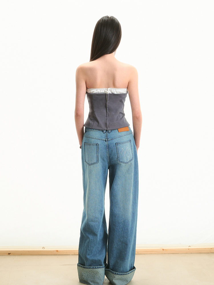 Fake Two-Piece Color Block Mermaid Strapless Top - CHINASQUAD