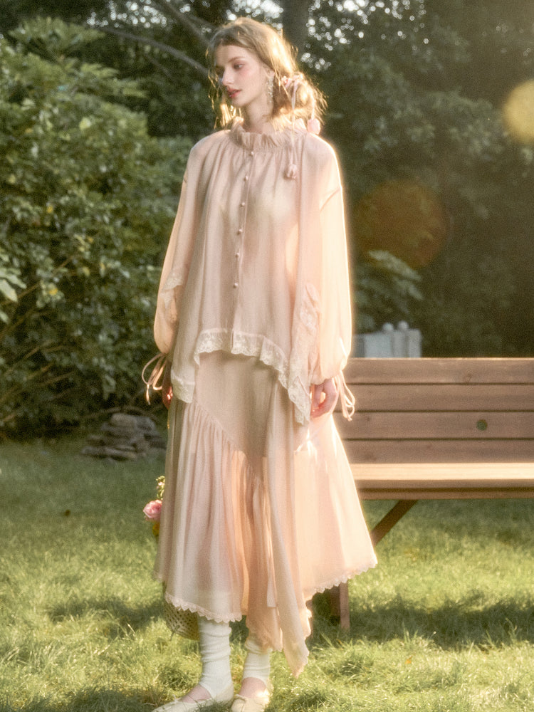 Lace Round Neck Trimmed Shirt - CHINASQUAD