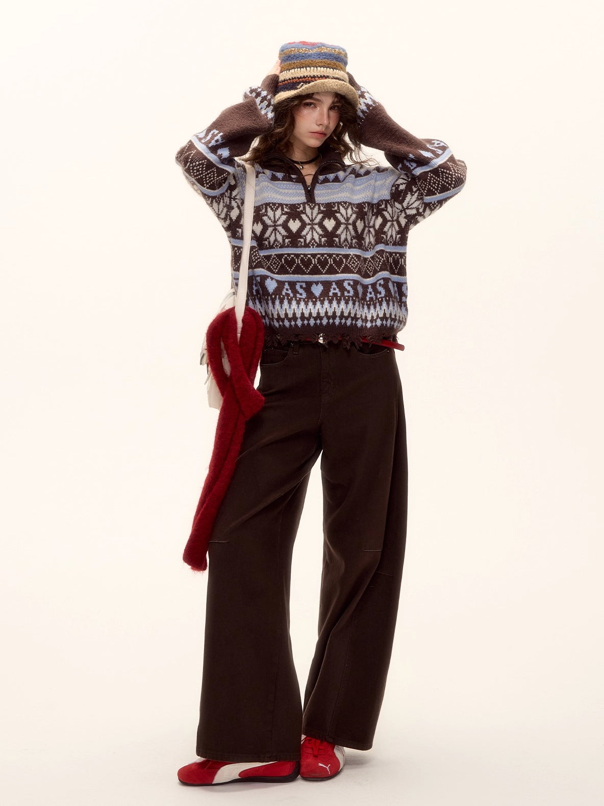 Vintage Fair Isle Half-Zip Fringe Hem Sweater