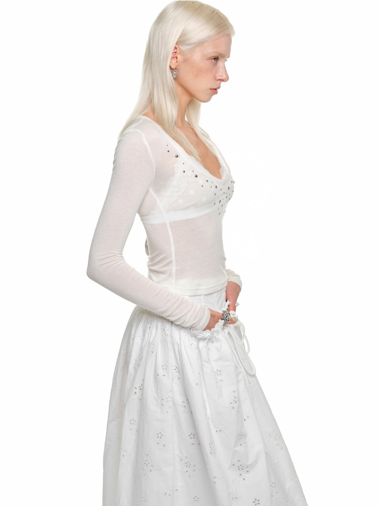 Deep V-Neck Studded Rhinestone Top - CHINASQUAD