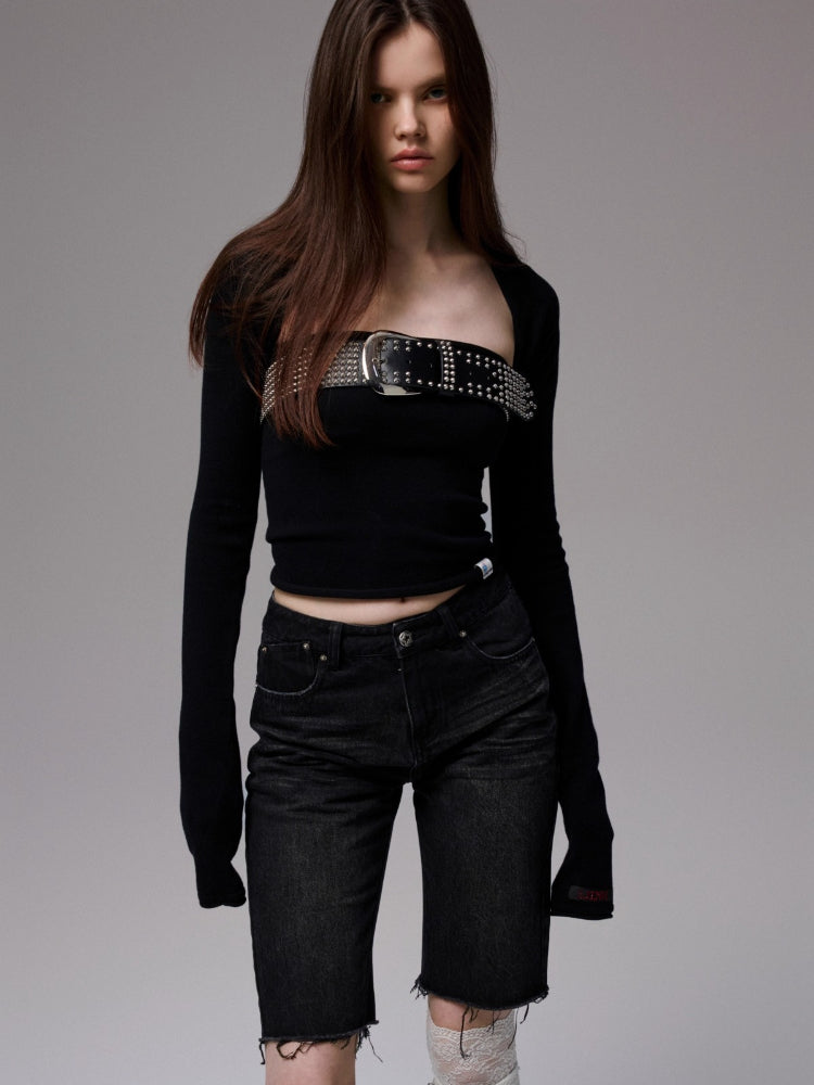 Washed Raw-edge Embroidered Denim Shorts