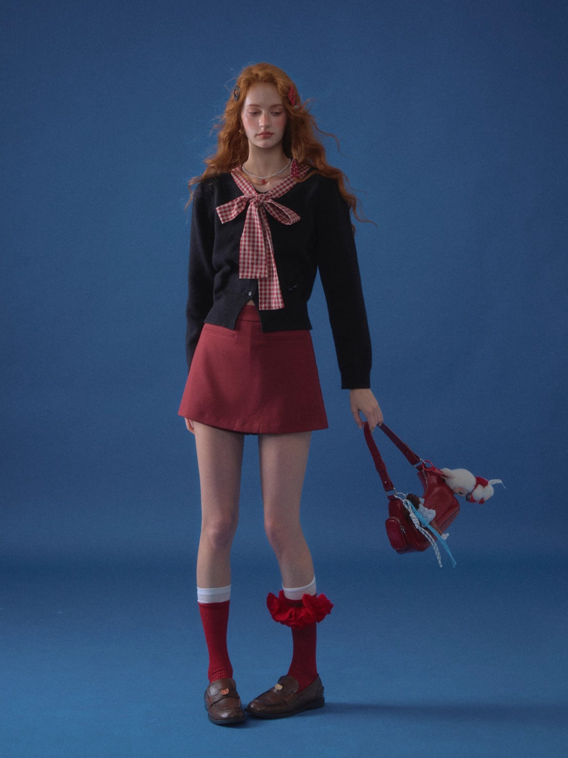 Plaid Bow-Knot Round Neck Knitted Cardigan - CHINASQUAD