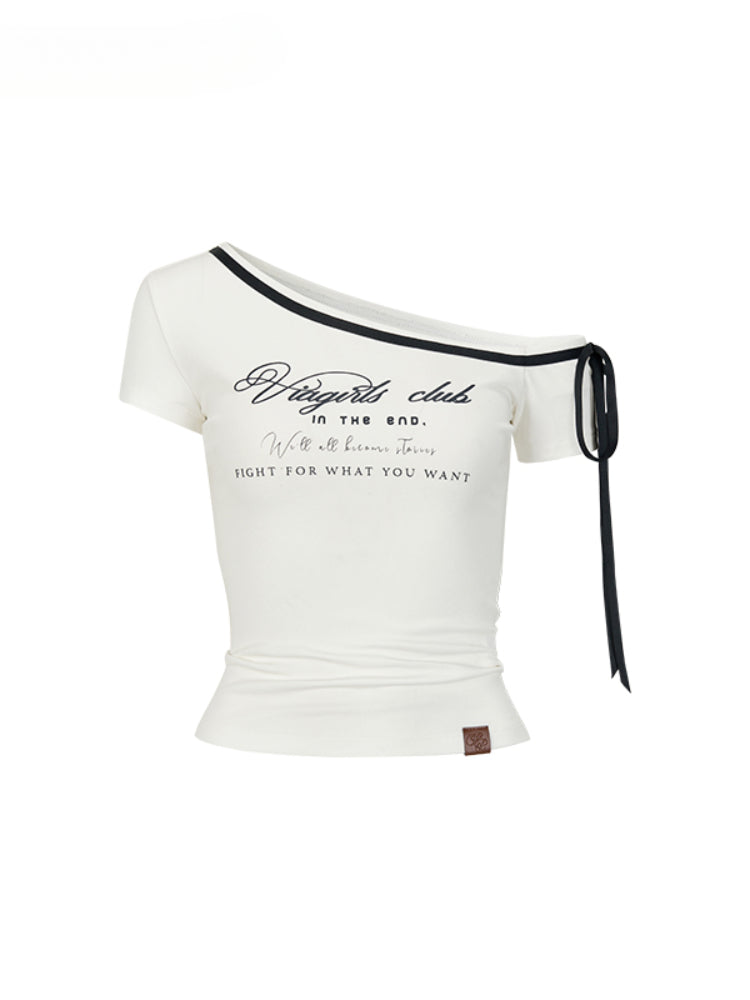 Off-Shoulder Letter Print Short Sleeve T-shirt - CHINASQUAD