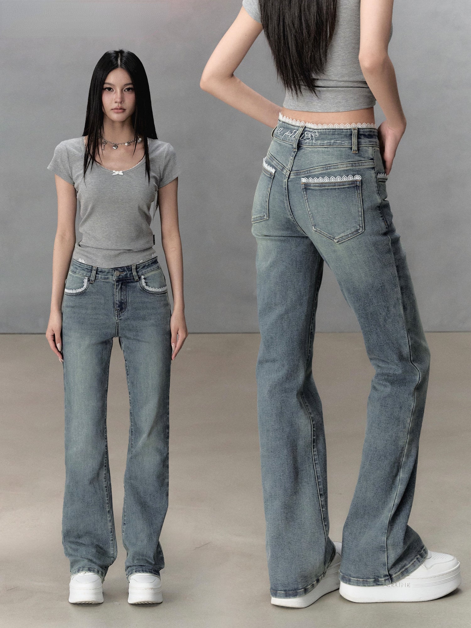 Light Blue Lace Patchwork Embroidered Jeans - CHINASQUAD