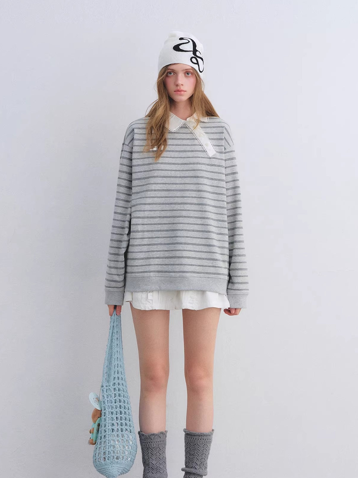 Placket Ruffle Collar Striped Sweatshirt
