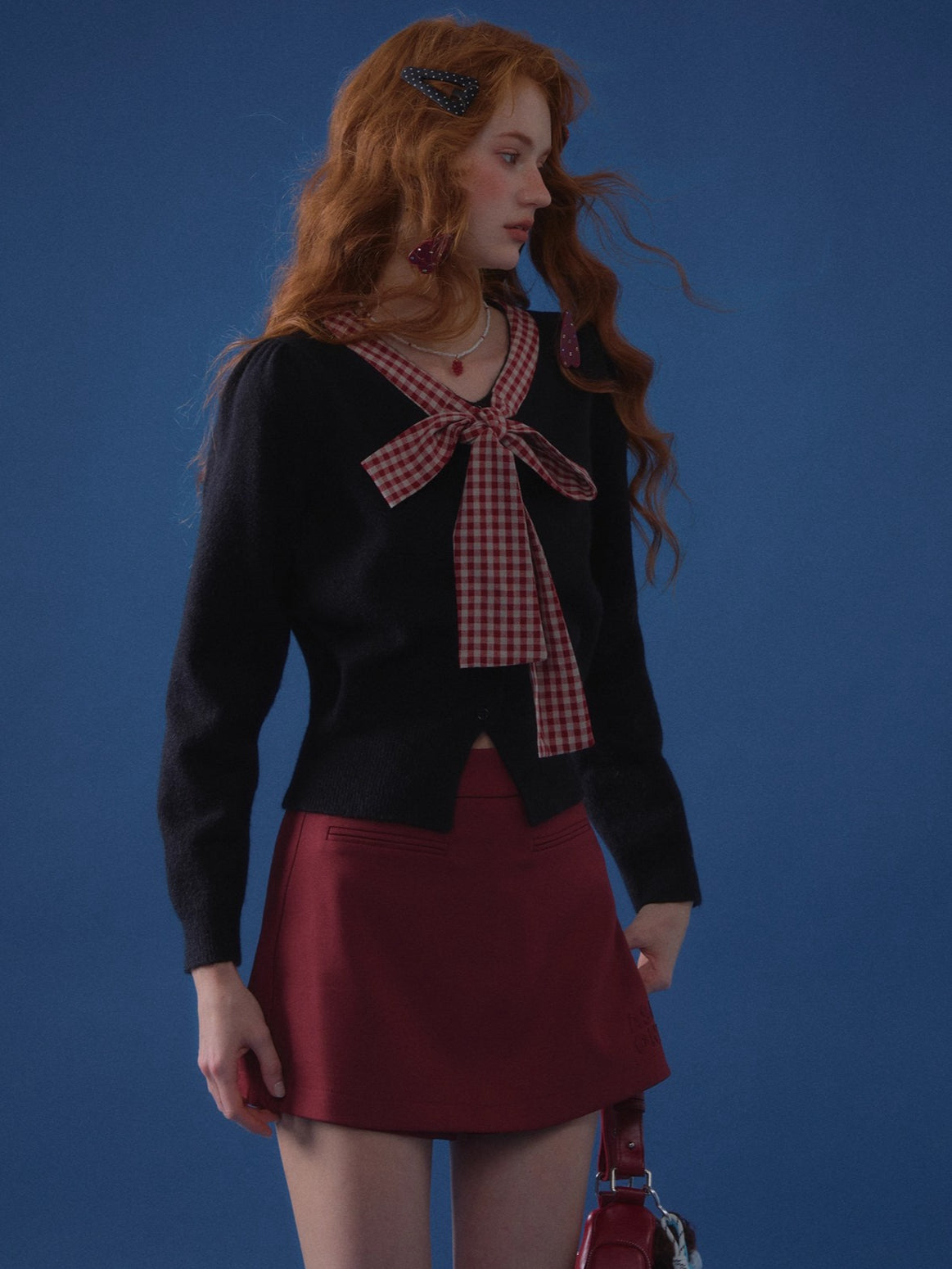 Plaid Bow-Knot Round Neck Knitted Cardigan - CHINASQUAD