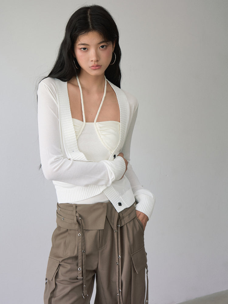 White Single-breasted Knitted Cardigan - CHINASQUAD