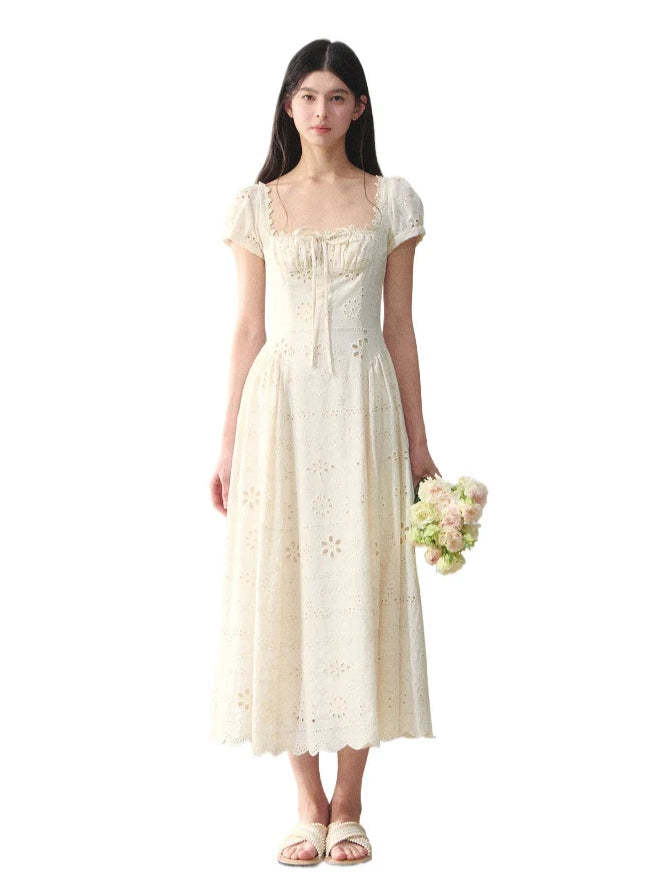 Square-Neck Embroidered Hollow Vacation-style Dress - CHINASQUAD