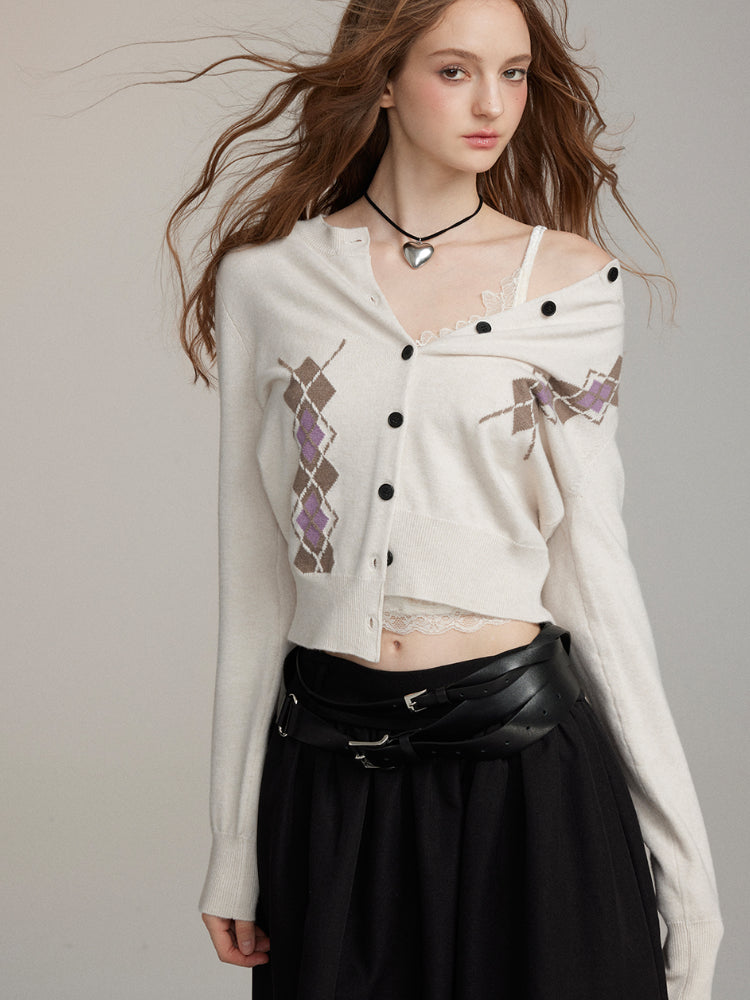 Detachable Fur Collar Quilted Knit Cardigan - CHINASQUAD