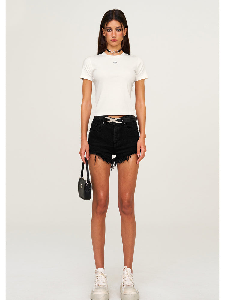 Waist-Cinching Embroidered Round-Neck T-Shirt - CHINASQUAD