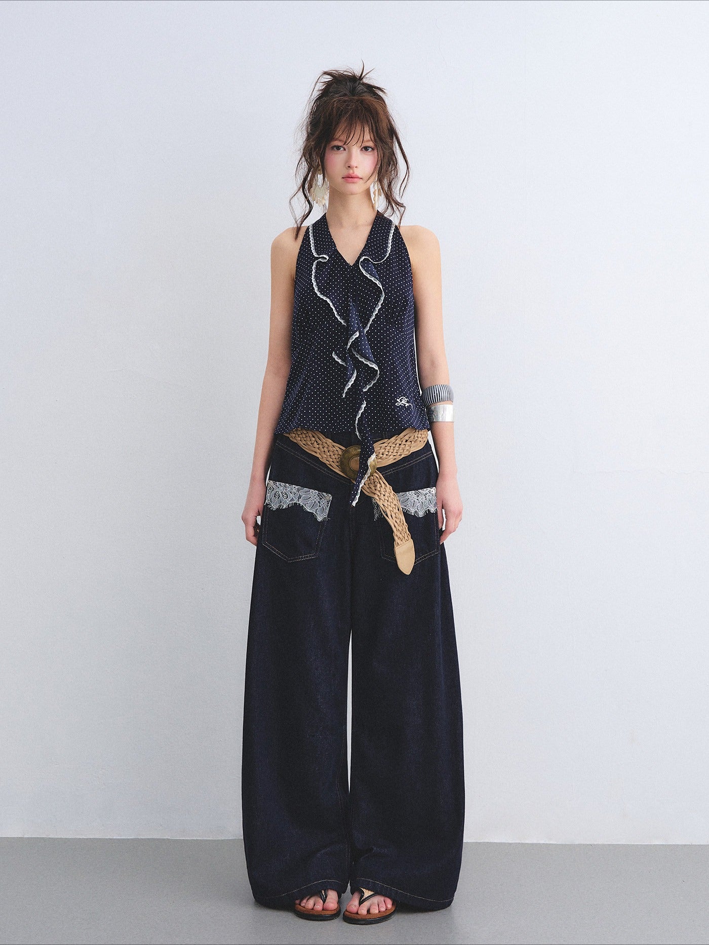 Polka Dot Lace Ruffle V-Neck Camisole