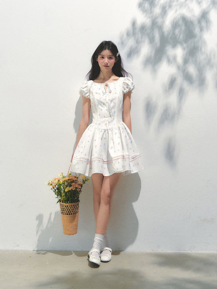 Puff Sleeve Printed Waist - cinching Dress - CHINASQUAD