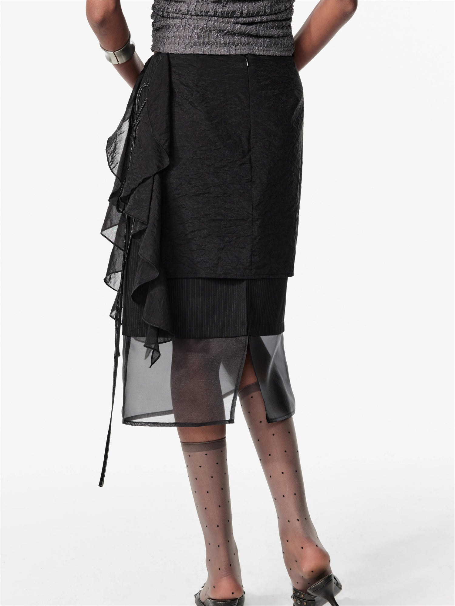 Layered Mesh Tie-Up Midi Skirt - CHINASQUAD