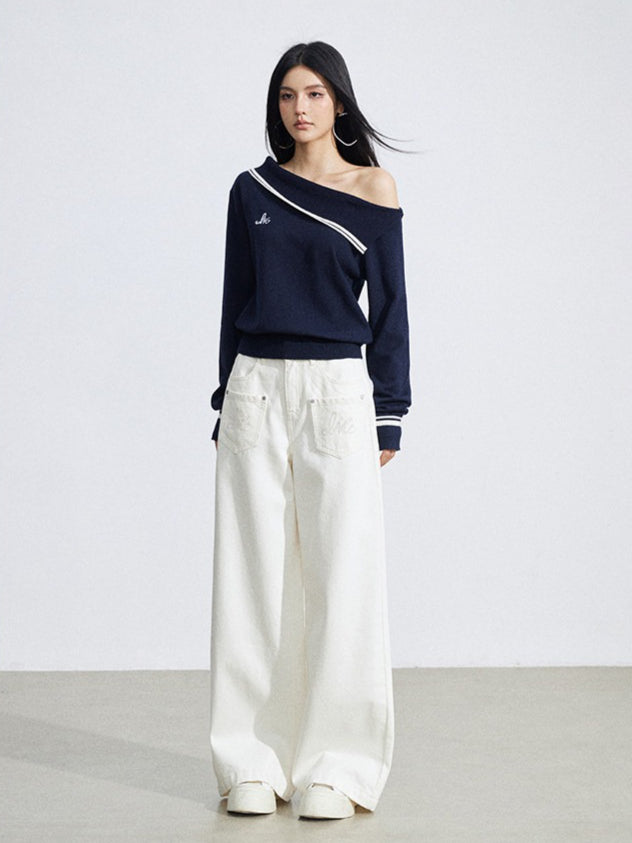 Embroidered Pocket Wide-Leg Denim Jeans