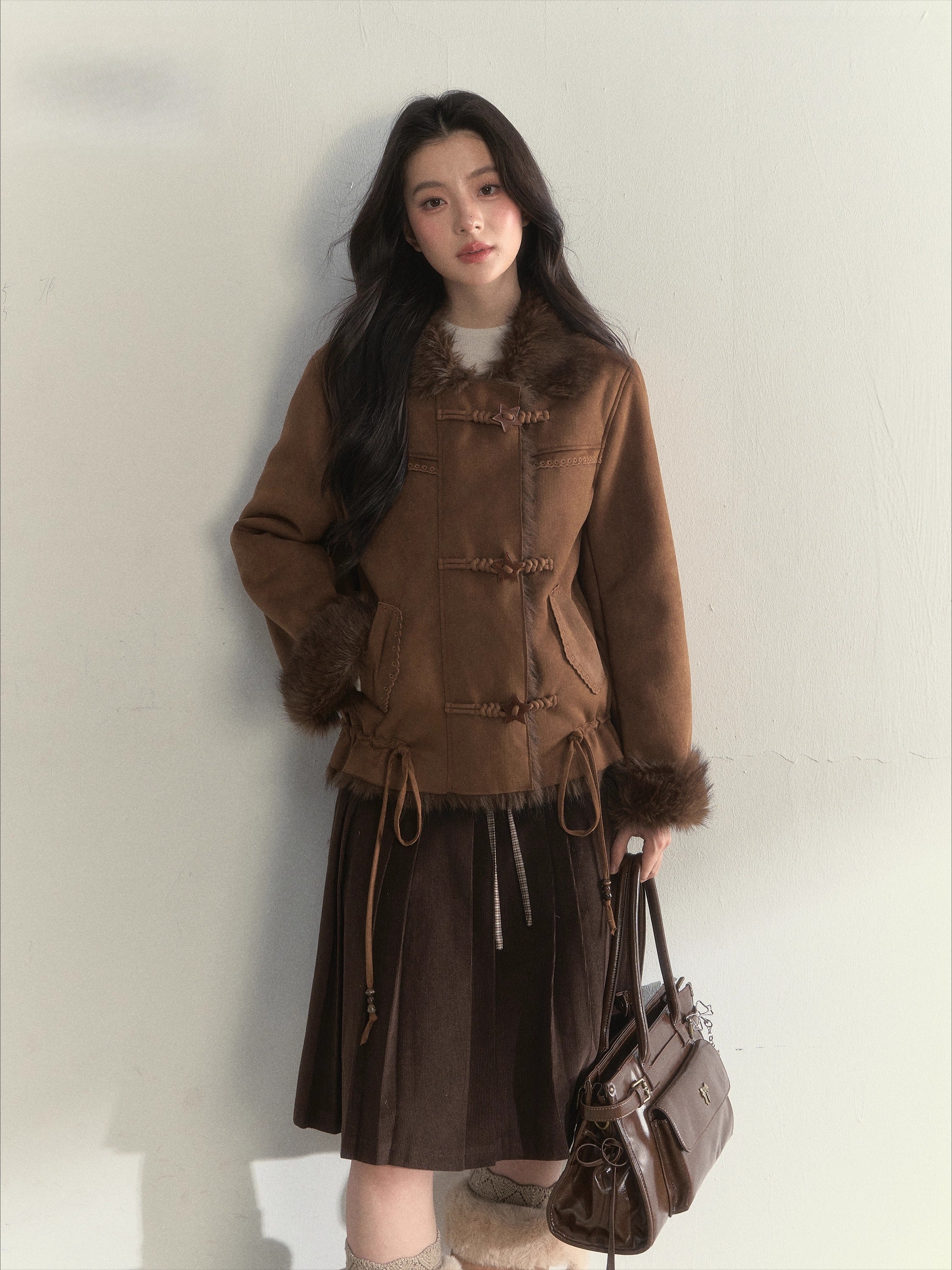 Oak Brown Suede Embroidered Shearling Jacket