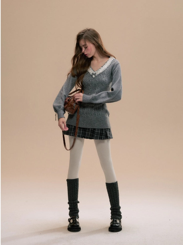 Gray V-Neck Sweater - CHINASQUAD