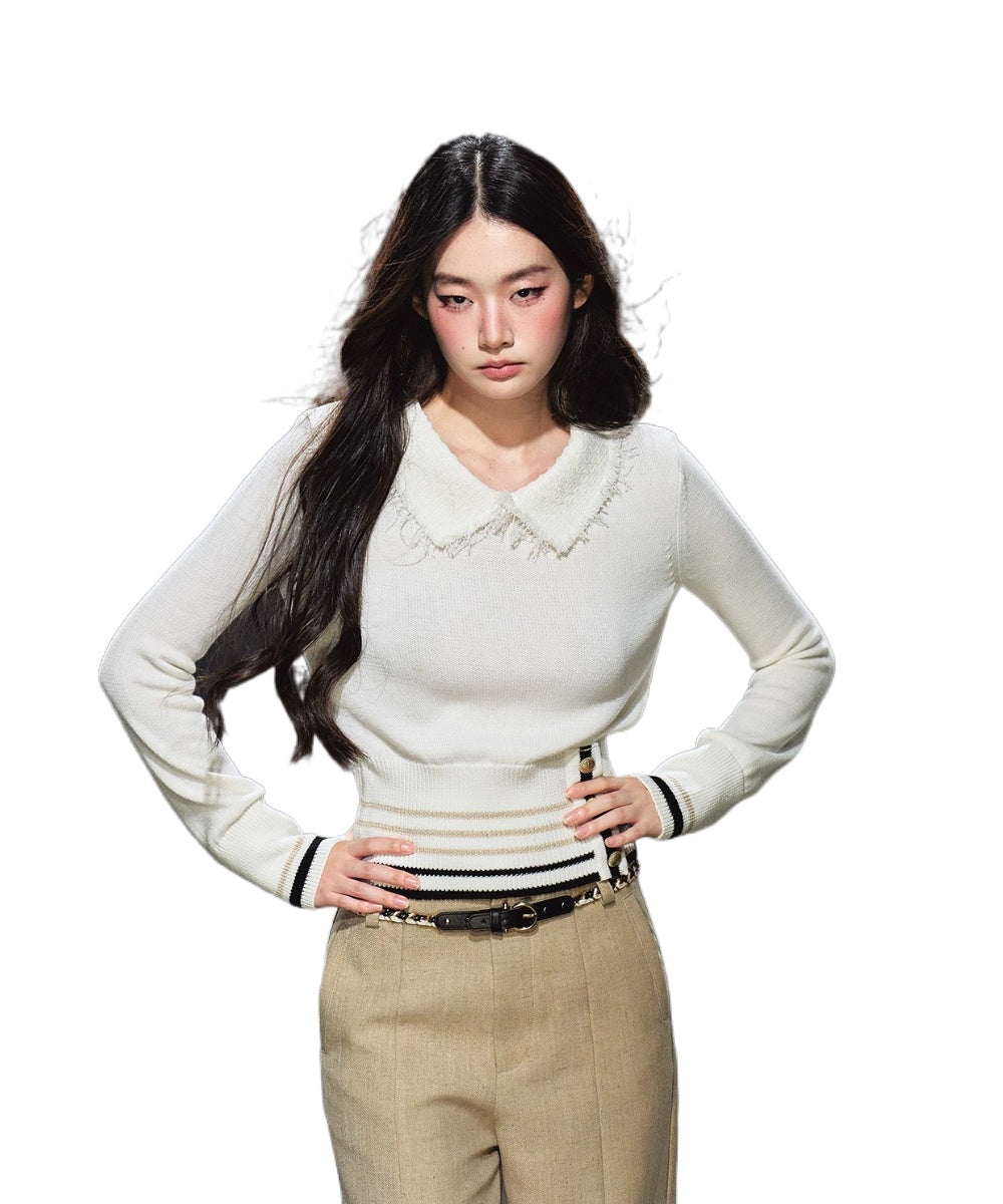 Black & Gold Striped Contrast Collar Knit Sweater - CHINASQUAD