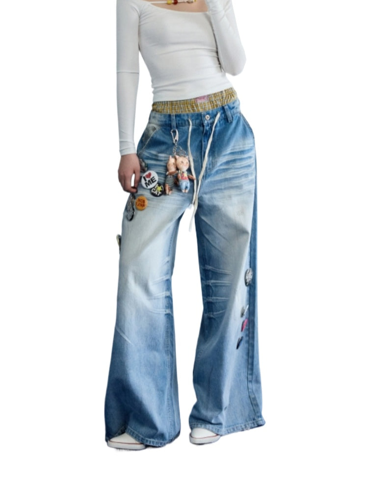 Light Blue Mud-Dyed Badge Wide-Leg Jeans - CHINASQUAD