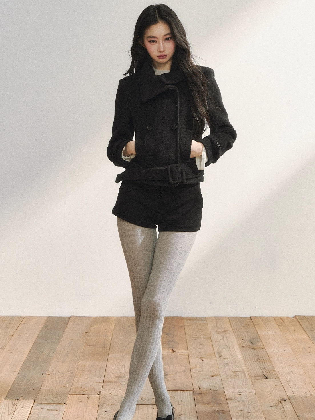 Black Wool-Blend Detachable Hem Double-Breasted Coat