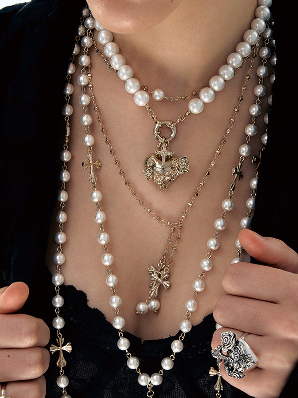 Layered Punk Heart Pearl Cross Long Necklace - CHINASQUAD
