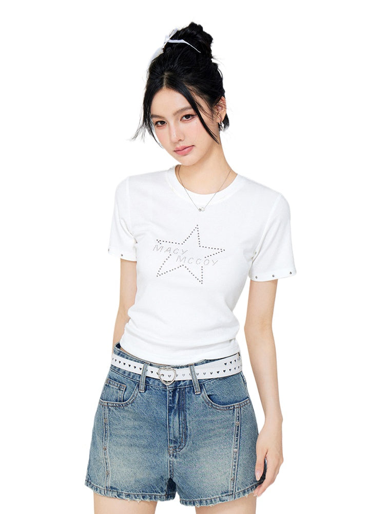 Star Rhinestone Letter Shoulder Tee - CHINASQUAD