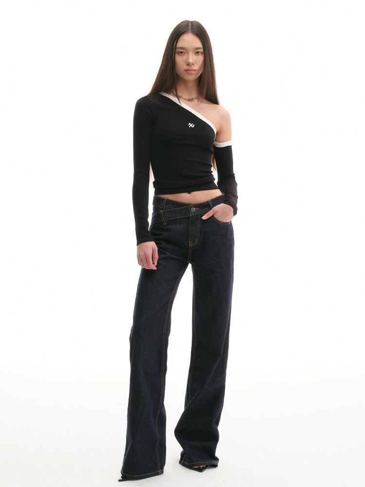 Asymmetrical Shoulder Slim-Fit Long-Sleeve Top - CHINASQUAD