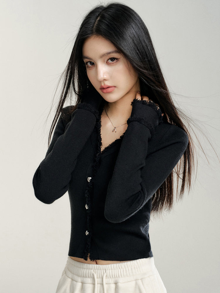 V-neck Frayed Knit Top - CHINASQUAD