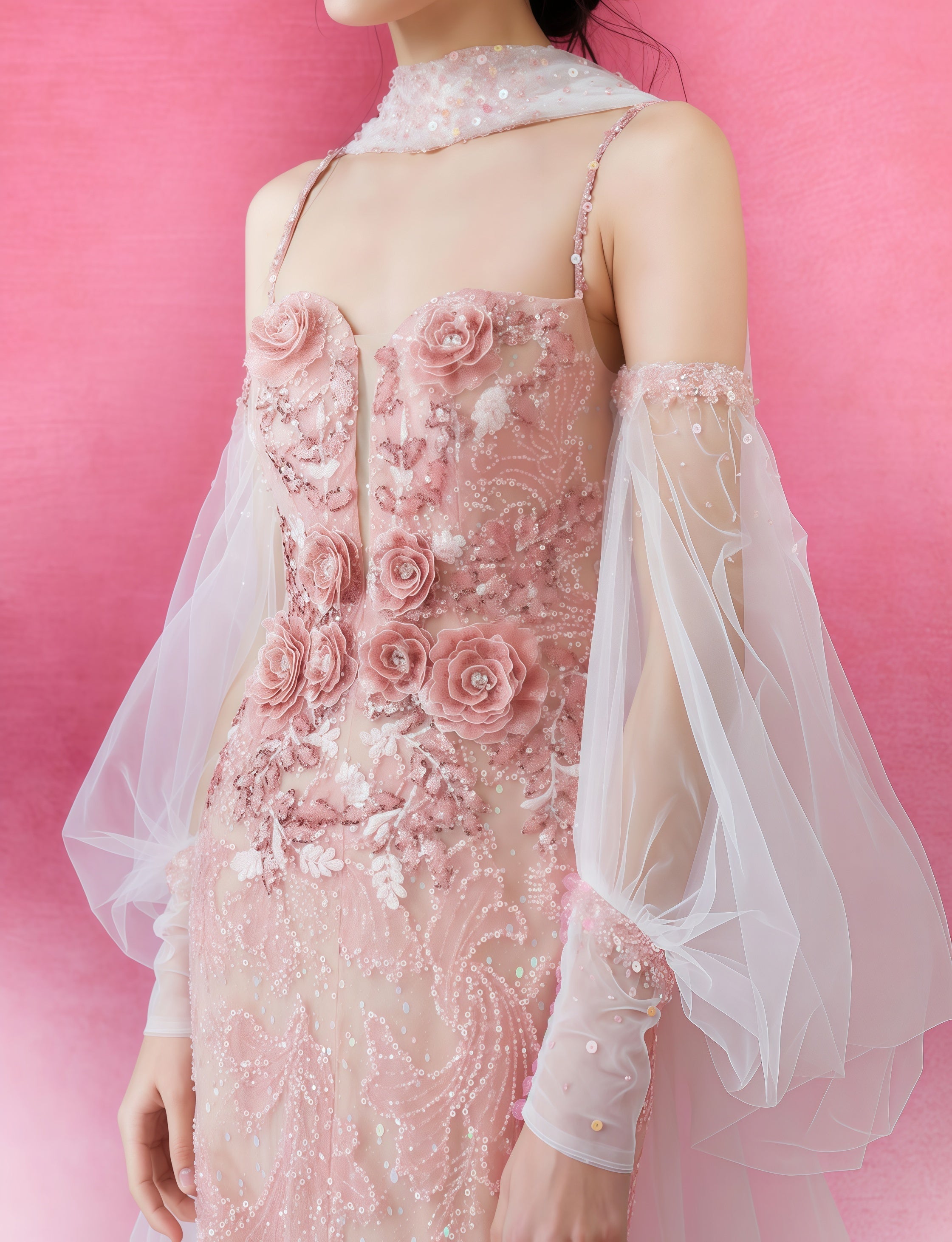 Rosé Illusion Embroidered Tulle Cape Gown