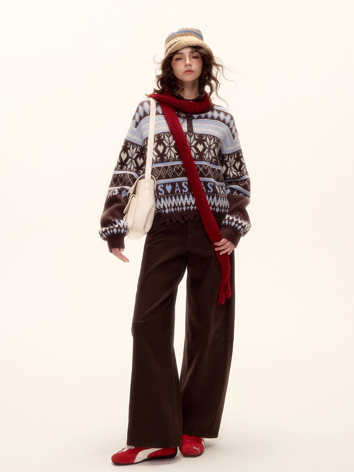 Vintage Fair Isle Half-Zip Fringe Hem Sweater