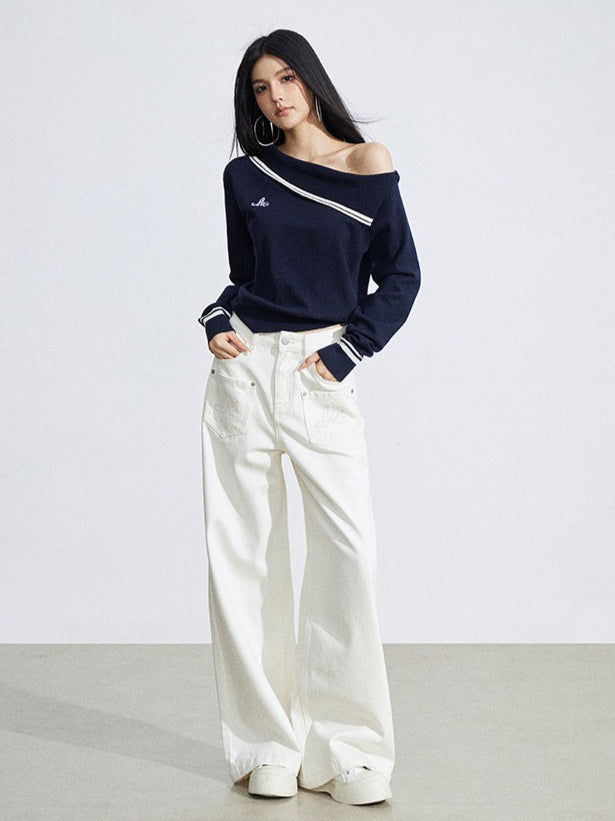 Embroidered Pocket Wide-Leg Denim Jeans