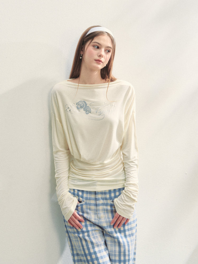 Floral Print Pleated Long-Sleeve T-shirt - CHINASQUAD