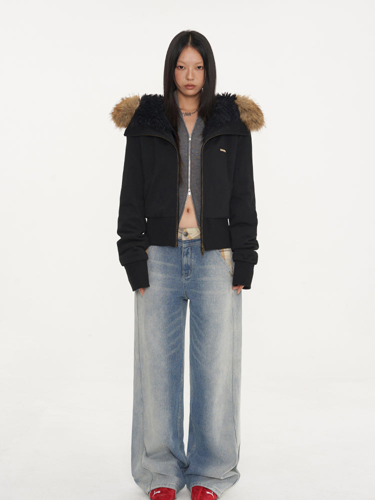 Fur Collar Fleece-Lined Short Coat - CHINASQUAD