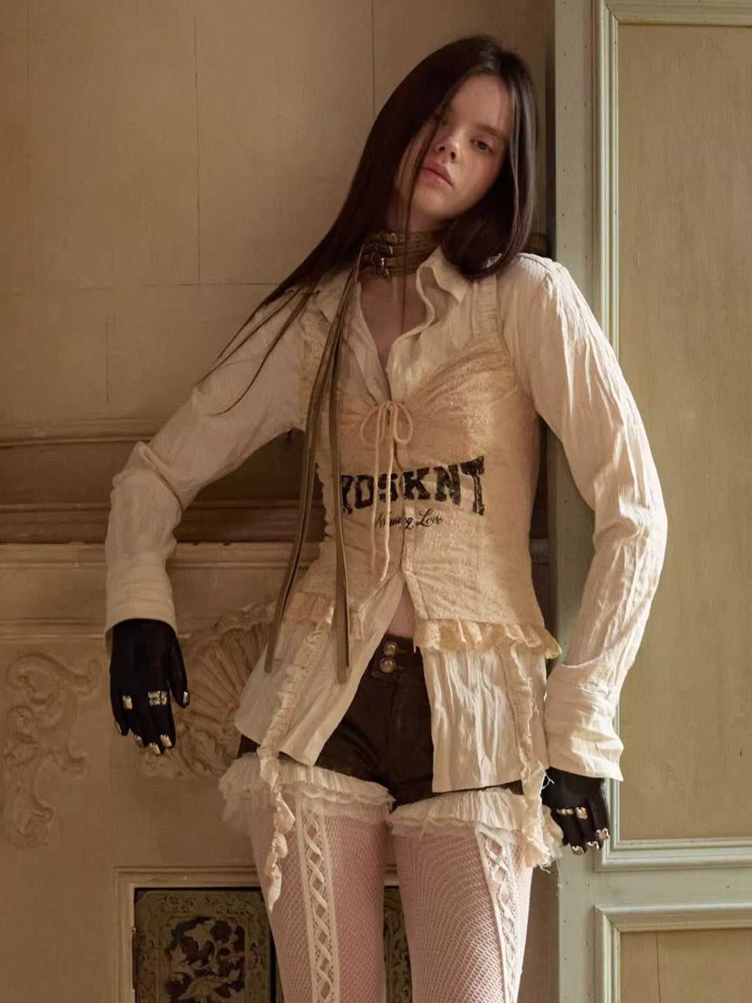 Patchwork Ruffle Pleated Waist-Fitted Shirt