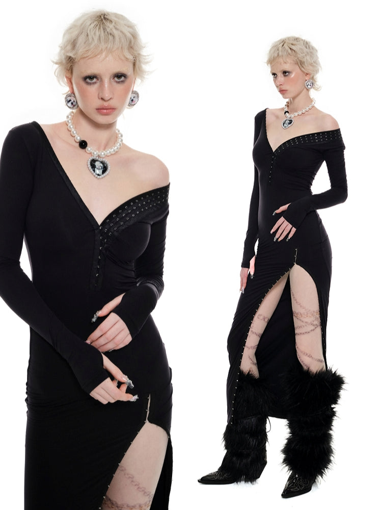 Black Long Sleeve Hook Dress - CHINASQUAD