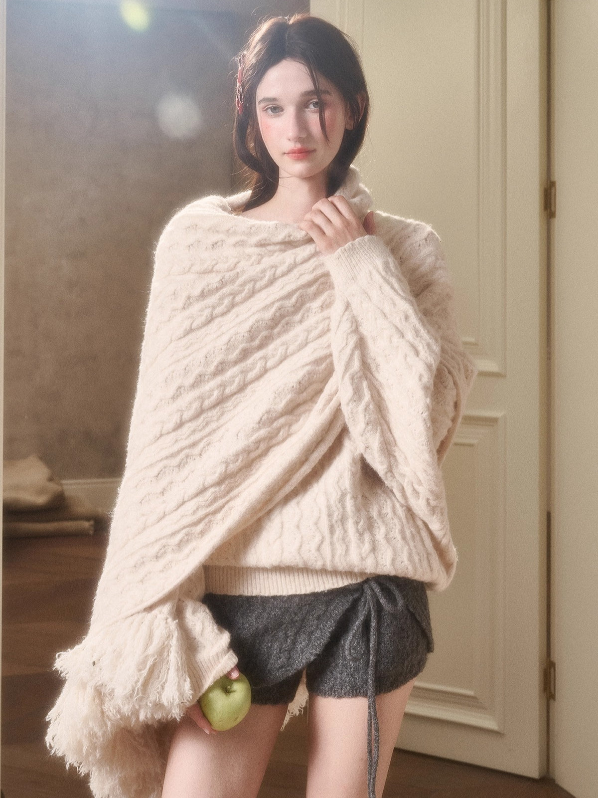 Celestial Wool Cable-Knit Shawl Scarf