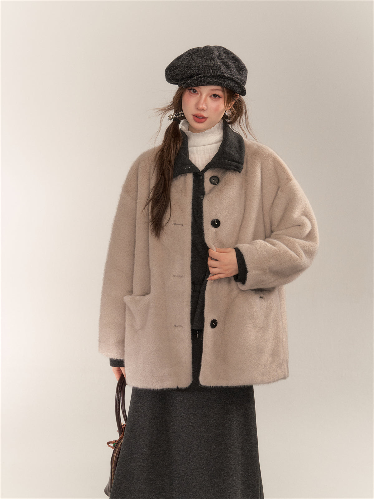 Gray & Apricot Faux Fur Coat - CHINASQUAD