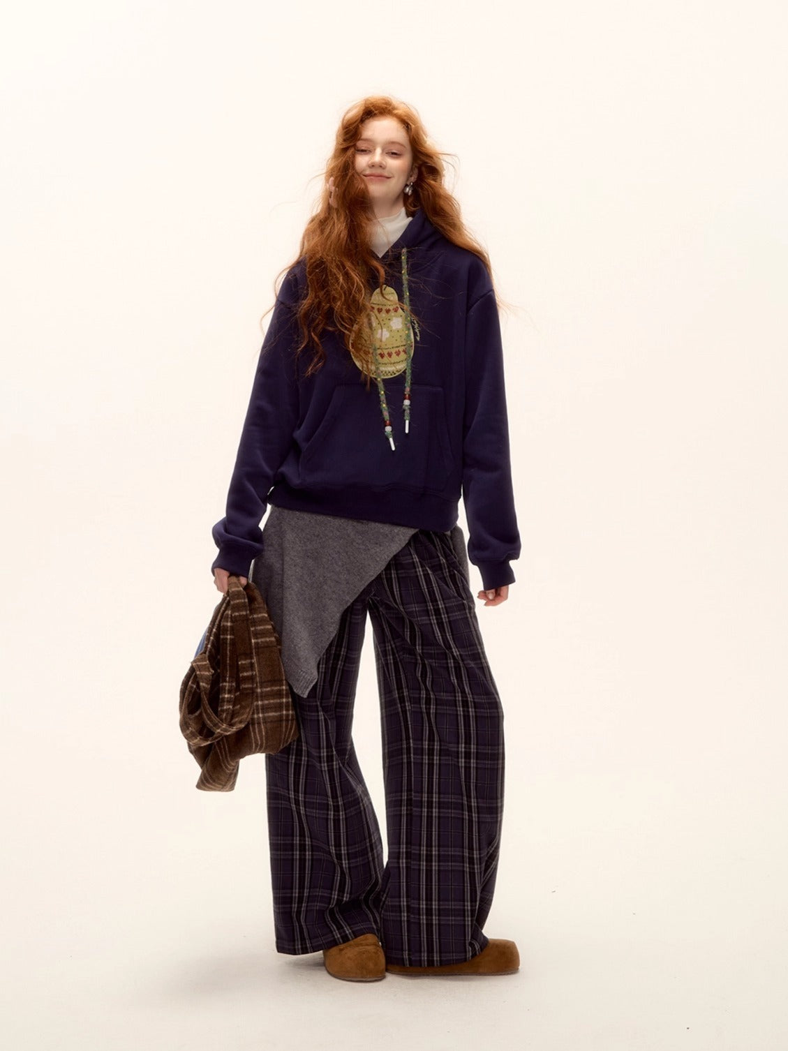 Brushed Fair Isle Knit Hooded Sweatshirt