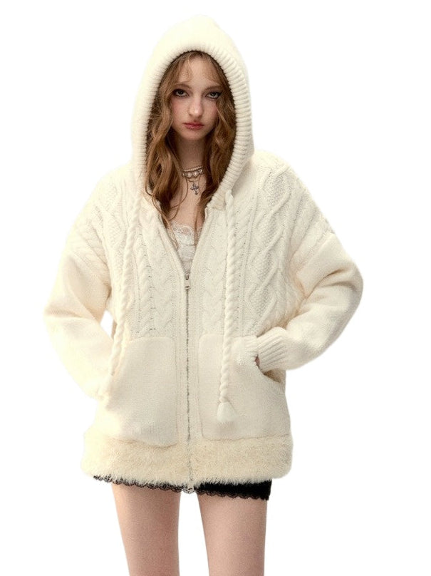 Off-white & Khaki Twisted Knit Hooded Sweater - CHINASQUAD