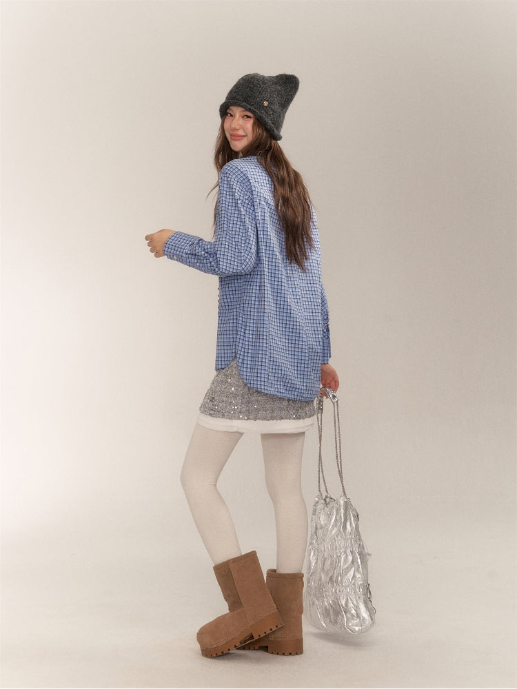 Vintage College Style Blue Plaid Shirt - CHINASQUAD