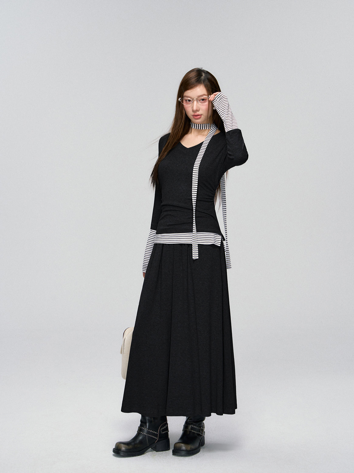Striped Layered V-neck Knit & Skirt Set - CHINASQUAD