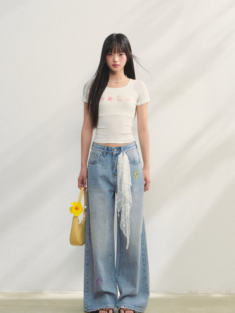 Crew Neck Printed Backless Embroidered T-Shirt - CHINASQUAD