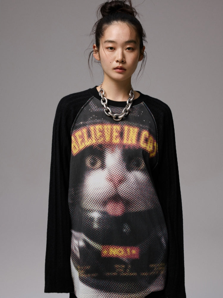 Printed Knitted Raglan-Sleeve T-Shirt - CHINASQUAD