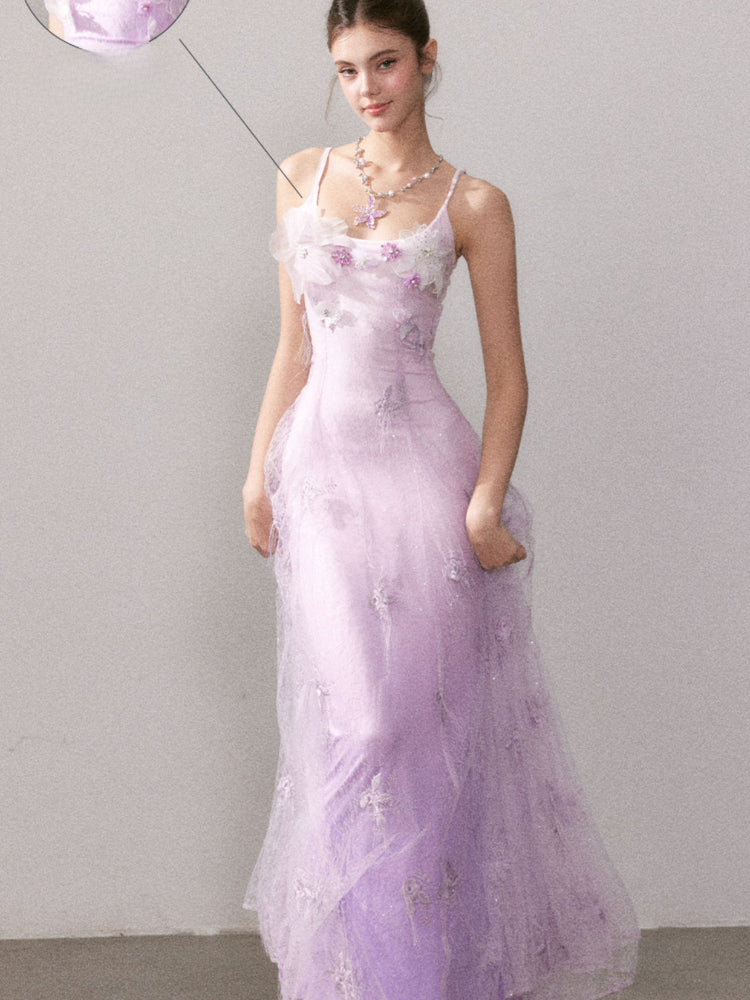 Light Purple Gradient Embroidered Bud Lace Long Dress - CHINASQUAD