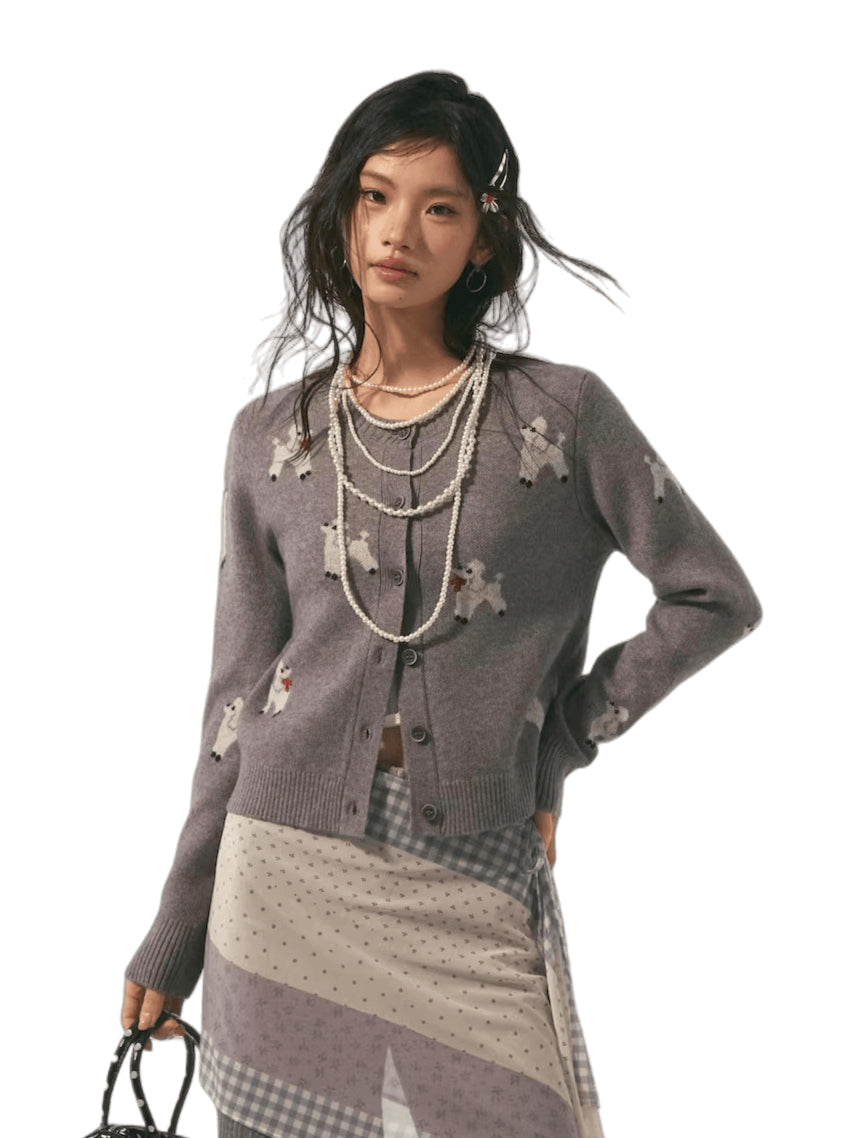 Scarf-Inspired Puppy Jacquard Knit Cardigan