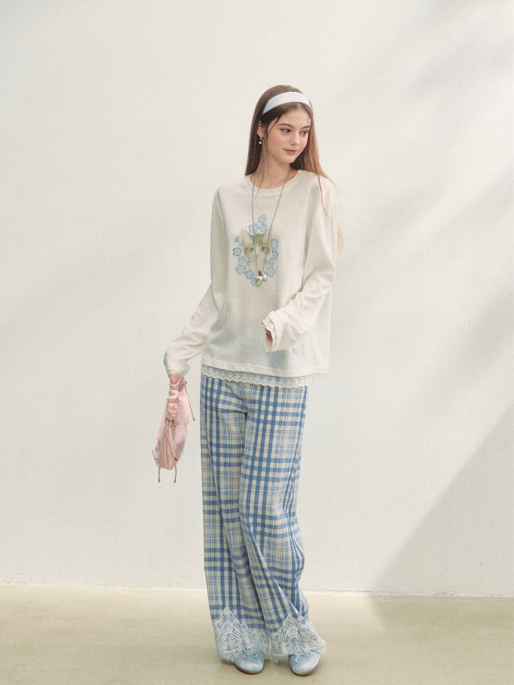 Lace Panel Checked Straight-Leg Pants - CHINASQUAD