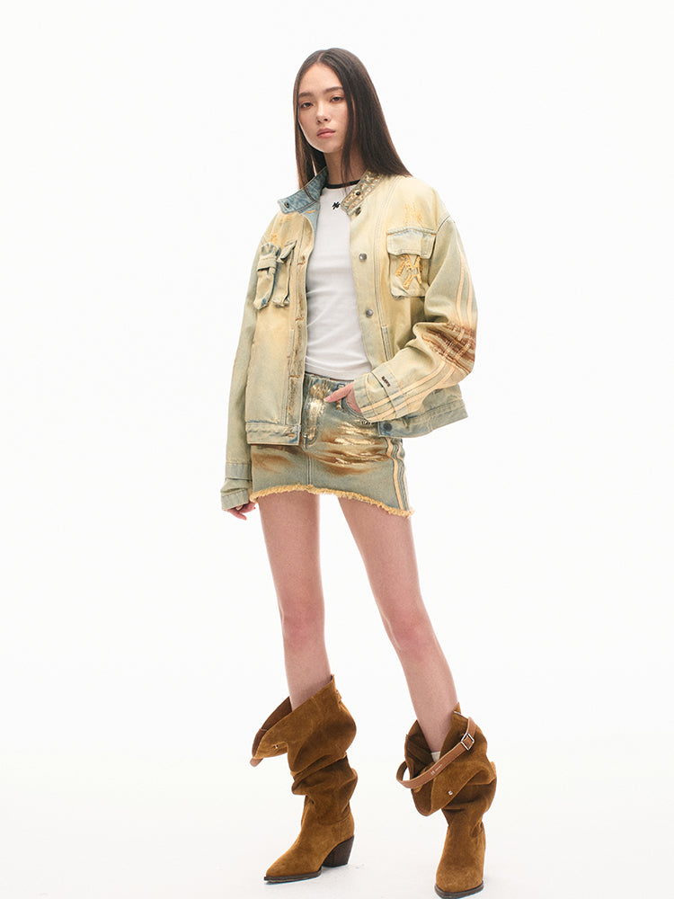 Vintage Silver Washed Mid-waist A-line Skirt - CHINASQUAD